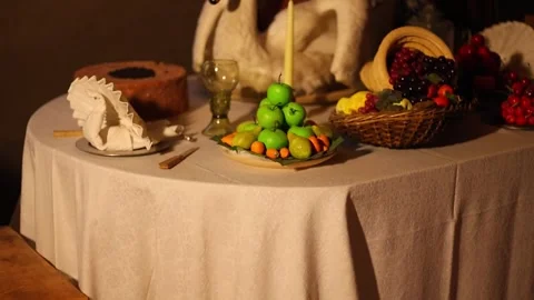 Interior of an old castle kitchen with medieval-style food  4K Stock Footage 321155679