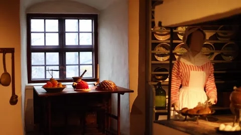 Interior of an old castle kitchen with medieval-style food  4K Stock Footage 321155815