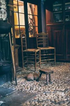 Interior of old-fashioned kitchen of dutch farm. Stock Photos