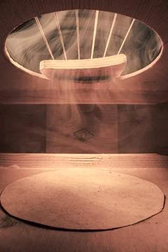 Interior of old guitar. Strings and guitar from inside. Foto stock