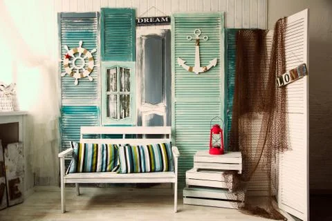 Interior of the old room in a nautical theme Stock Photos