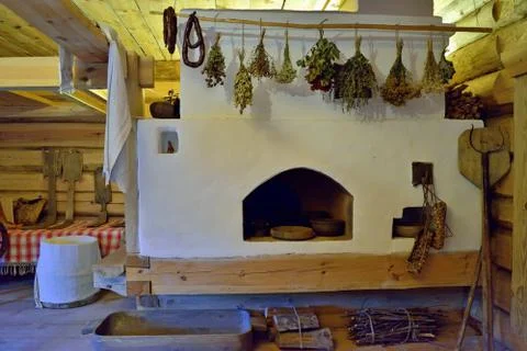 The interior of old Russian log hut in Pushkin Mikhailovskoe Stock Photos