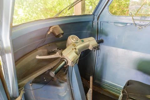 Interior of an old three-wheeled single-seater vehicle Foto stock