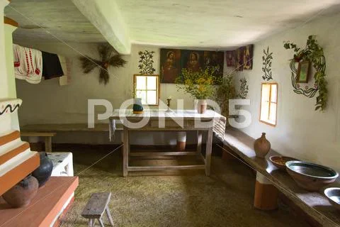 Interior of old ukrainian rural home Stock Photos
