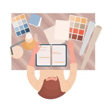 Interior or graphic designer at work vector flat top view illustration. Designer Stock Illustration