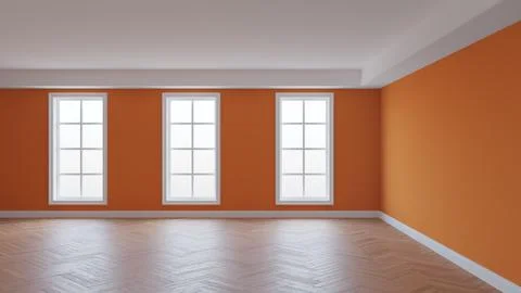 Interior with Orange Wall, White Ceiling and Conrnice, Three Large Windows Stock-Illustration