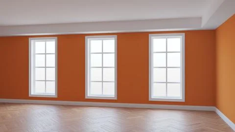 Interior with Orange Walls, Three Large Windows, Light Glossy Herringbone Par Stock Illustration