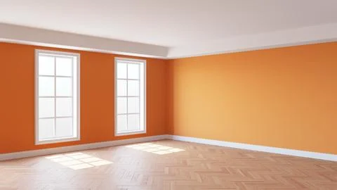 Interior with Orange Walls, Two Windows, White Ceiling and Cornice Stock Illustration