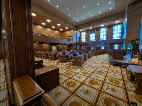 Interior of the Oregon State Senate with aligned desks Stock Photos