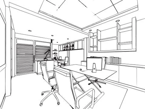 Interior outline sketch drawing perspective of a space office Stock Illustration