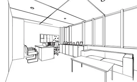 Interior outline sketch drawing perspective of a space office Stock Illustration