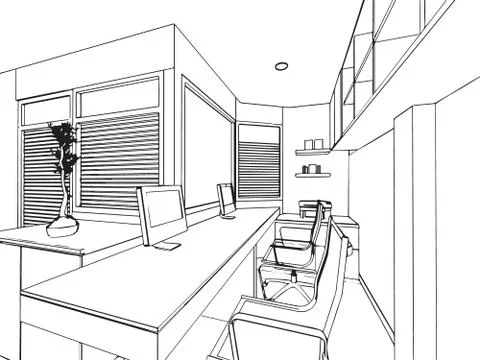 Interior outline sketch drawing perspective of a space office Stock Illustration