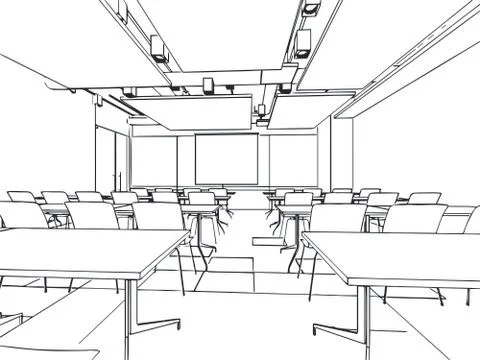 Interior outline sketch drawing perspective of a space office Stock Illustration