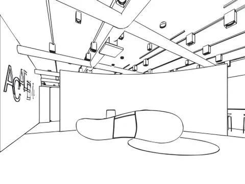 Interior outline sketch drawing perspective of a space office Stock Illustration