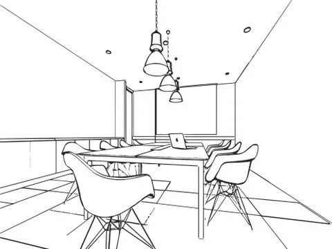 Interior outline sketch drawing perspective of a space office Stock Illustration