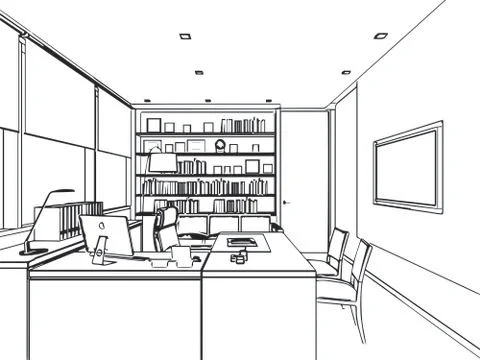 Interior outline sketch drawing perspective of a space office Stock Illustration