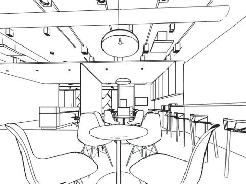 Interior outline sketch drawing perspective of a space office Stock Illustration