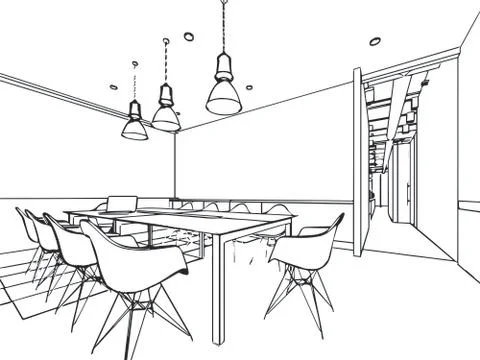Interior outline sketch drawing perspective of a space office Stock Illustration