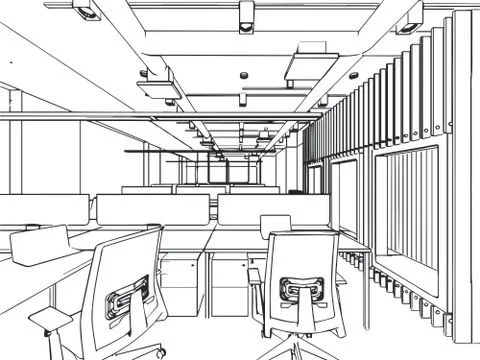 Interior outline sketch drawing perspective of a space office Stock Illustration