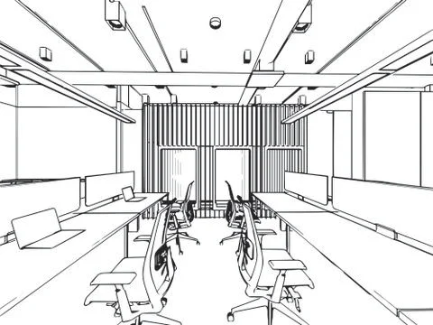 Interior outline sketch drawing perspective of a space office Stock Illustration