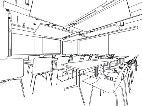 Interior outline sketch drawing perspective of a space office Stock Illustration
