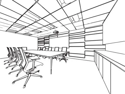 Interior outline sketch drawing perspective of a space office Stock Illustration
