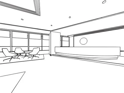 Interior outline sketch drawing perspective of a space office Stock Illustration