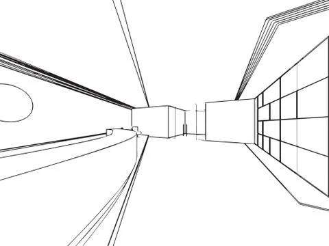 Interior outline sketch drawing perspective of a space office Stock Illustration