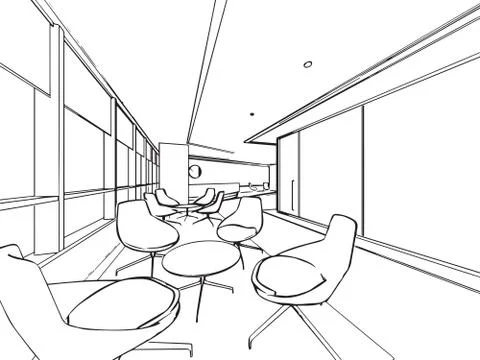 Interior outline sketch drawing perspective of a space office Stock Illustration