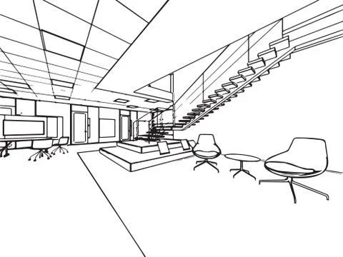 Interior outline sketch drawing perspective of a space office Stock Illustration