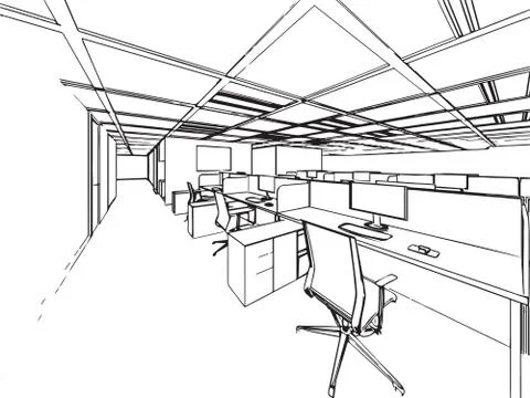 Interior outline sketch drawing perspective of a space office Stock Illustration