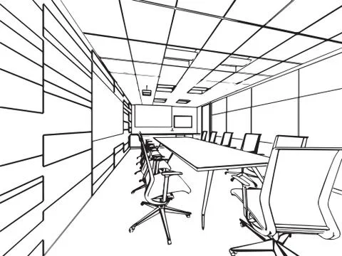 Interior outline sketch drawing perspective of a space office Stock Illustration