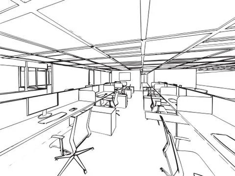 Interior outline sketch drawing perspective of a space office Stock Illustration