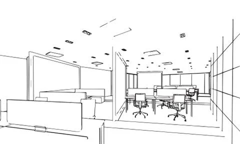 Interior outline sketch drawing perspective of a space office Stock Illustration