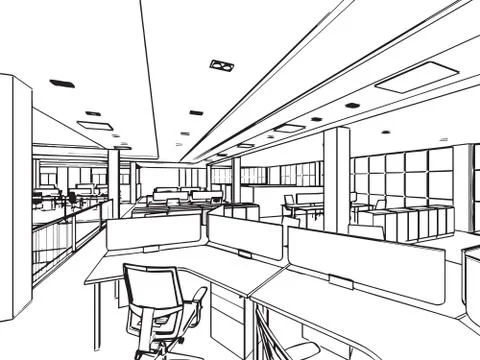 Interior outline sketch drawing perspective of a space office Stock Illustration