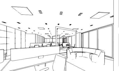 Interior outline sketch drawing perspective of a space office Stock Illustration