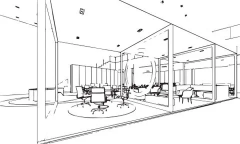 Interior outline sketch drawing perspective of a space office Stock Illustration