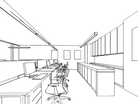 Interior outline sketch drawing perspective of a space office Stock Illustration