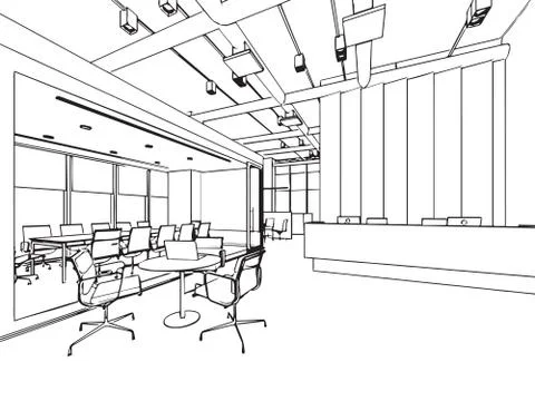 Interior outline sketch drawing perspective of a space office Stock Illustration