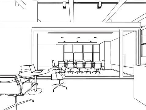 Interior outline sketch drawing perspective of a space office Stock Illustration