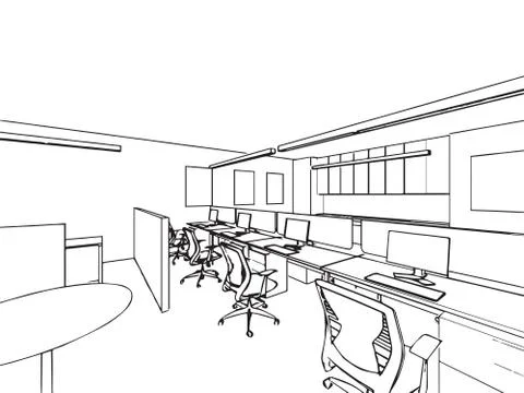 Interior outline sketch drawing perspective of a space office Stock Illustration