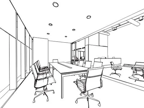 Interior outline sketch drawing perspective of a space office Stock Illustration