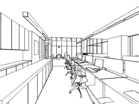 Interior outline sketch drawing perspective of a space office Stock Illustration