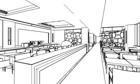 Interior outline sketch drawing perspective of a space office Stock Illustration