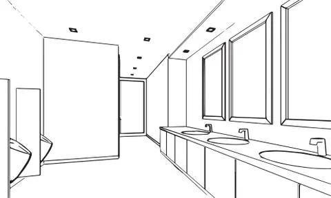 Interior outline sketch drawing perspective of a space office Stock Illustration