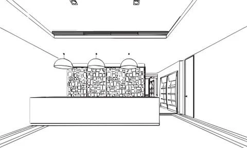 Interior outline sketch drawing perspective of a space office Stock Illustration