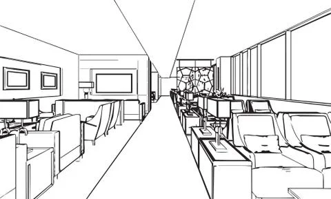 Interior outline sketch drawing perspective of a space office Stock Illustration
