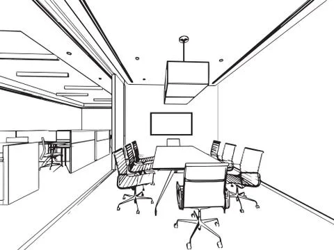 Interior outline sketch drawing perspective of a space office Stock Illustration