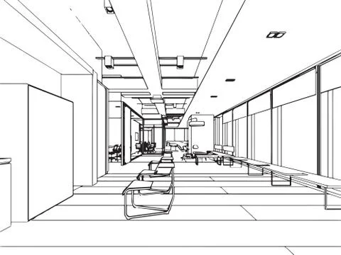 Interior outline sketch drawing perspective of a space office Stock Illustration