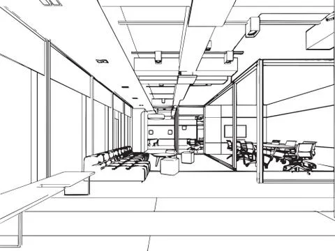 Interior outline sketch drawing perspective of a space office Stock Illustration